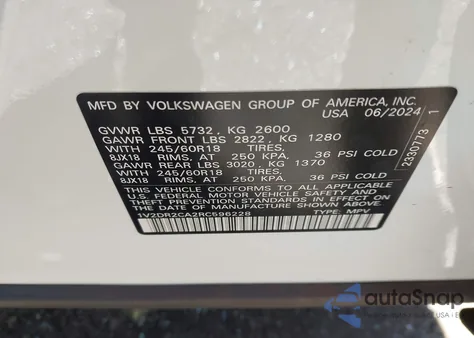 2024 Volkswagen Atlas 2.0T Se из США, поврежденный, VIN 1V2DR2CA2RC596228